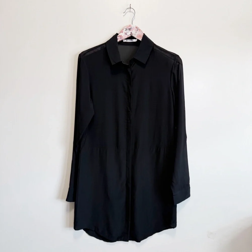 T by ALEXANDER WANG Black Silk Long Line Button Up Shirt Dress Small - Picture 1 of 9